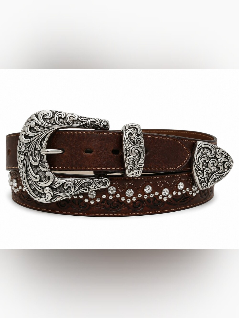 Tony Lama Leather Western Cowgirl Tooled Rhinestone Brown Bling Belt SZ: 32